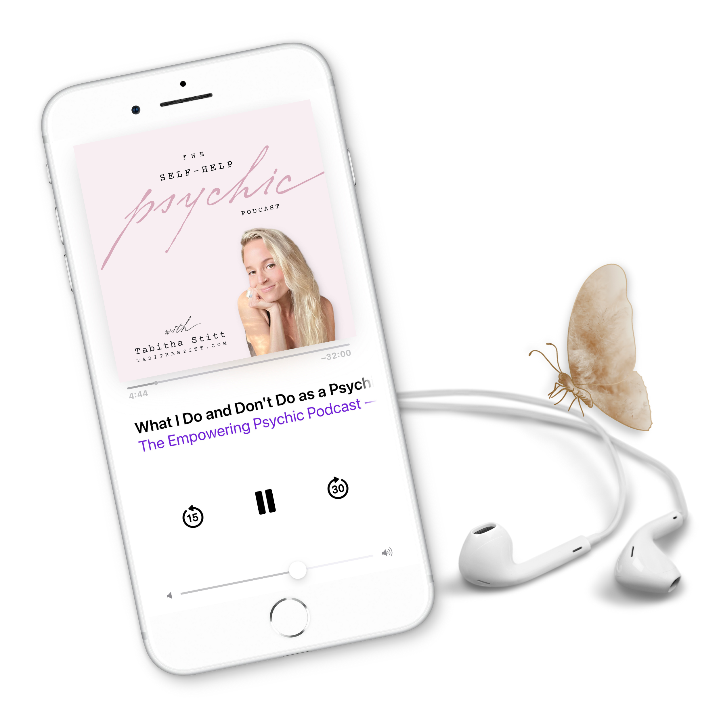 iPhone with earbuds for The Self-Help Psychic Podcast with Tabitha Stitt, professional psychic medium, licensed school teacher and Reiki Master energy healer
