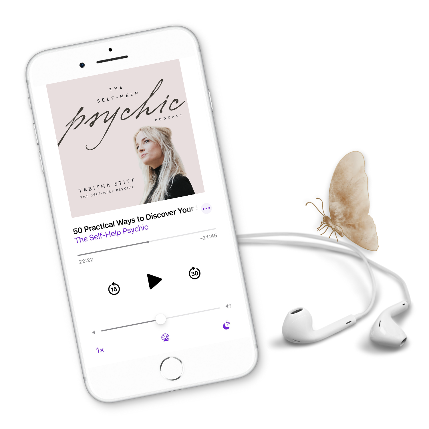 The Self-Help Psychic Podcast with Tabitha Stitt, The Self-Help Psychic, Spiritual Teacher on iPhone with butterfly for transformation and growth