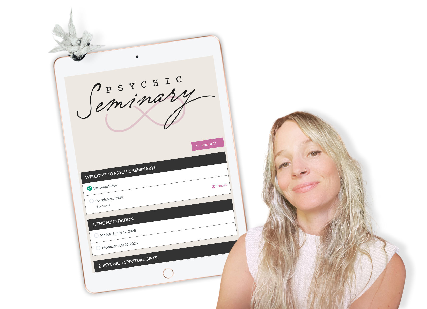 Join Psychic Seminary, an online mentorship to become a psychic reader and healer with Tabitha Stitt, The Self-Help Psychic, with an ipad for an online space where all recordings will be housed