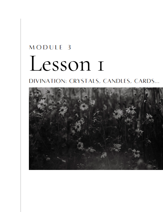 Spiritual 101 Mockup for Module 1 Lesson 3 Divination: Crystals, Candles, Cards with daisies for ongoing growth and exploration