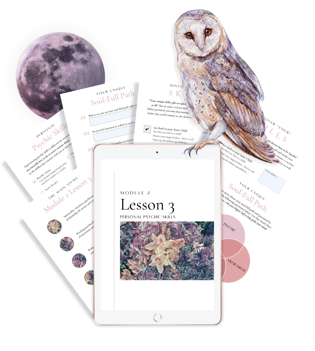 Spiritual 101 Mockup for Spiritual 101 Module 2 Lesson 3 taught by Tabitha Stitt with an owl and full moon to illuminate this sacred wisdom within you
