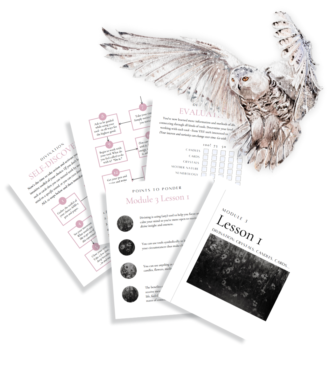 Spiritual 101 Mockup for Module 1 Lesson 3 Divination: Crystals, Candles, Cards with a white owl for sacred wisdom