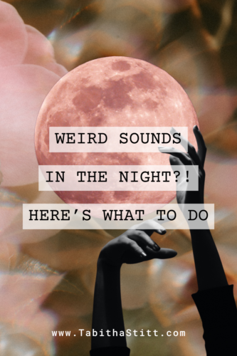 Weird sounds at night. Here's what to do. With a silhouette of outreached arms and a big pink moon for illumination.