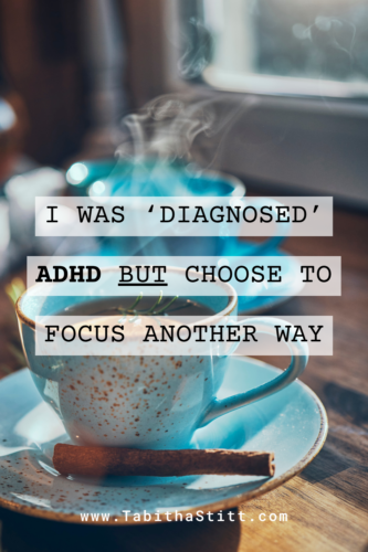 The podcast episode about ADHD with a blue cup of herbal tea