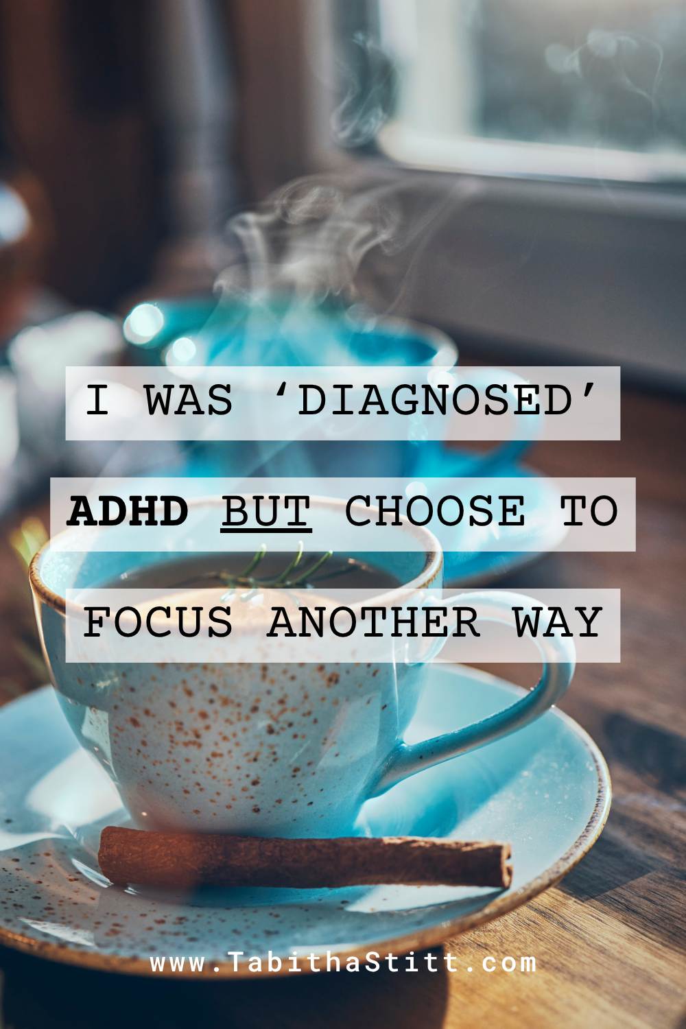 The podcast episode about ADHD with a blue cup of herbal tea