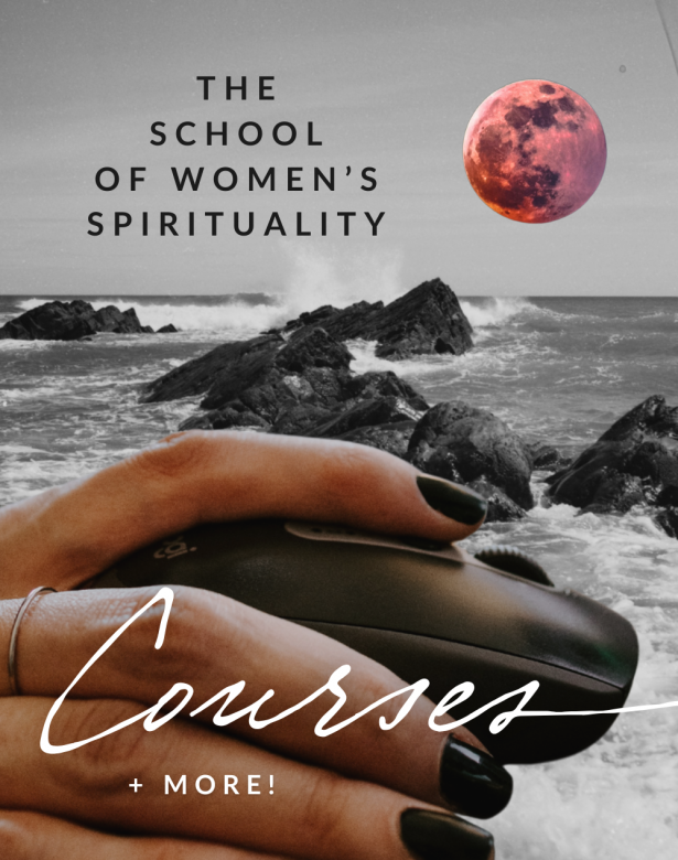 The School of Women's Spirituality with a pink moon illuminated and a computer mouse to click through to the next dimension